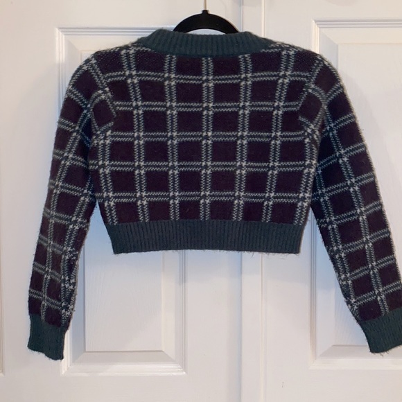 NWOT UO Green and Blue Plaid Knit Button Cropped Sweater - Picture 4 of 4